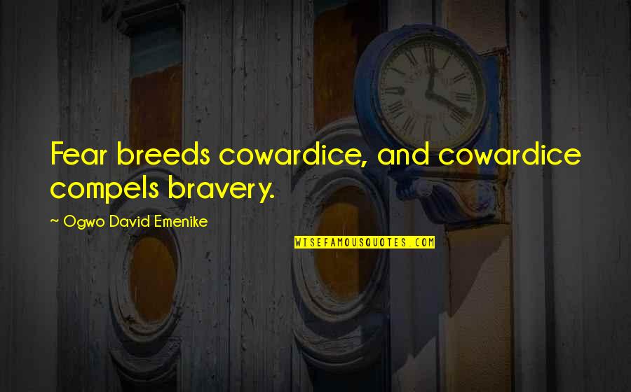 Fear And Bravery Quotes By Ogwo David Emenike: Fear breeds cowardice, and cowardice compels bravery. Fear And Bravery Quotes By Ogwo David Emenike: Fear breeds cowardice, and cowardice compels bravery.
