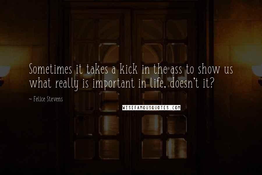 Felice Stevens quotes: Sometimes it takes a kick in the ass to show us what really is important in life, doesn't it?