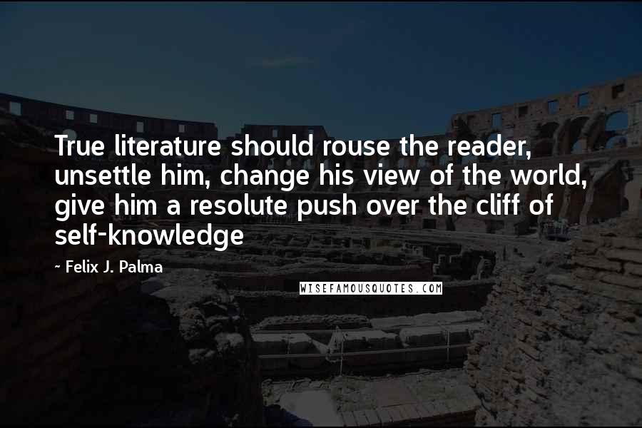 Felix J. Palma quotes: True literature should rouse the reader, unsettle him, change his view of the world, give him a resolute push over the cliff of self-knowledge