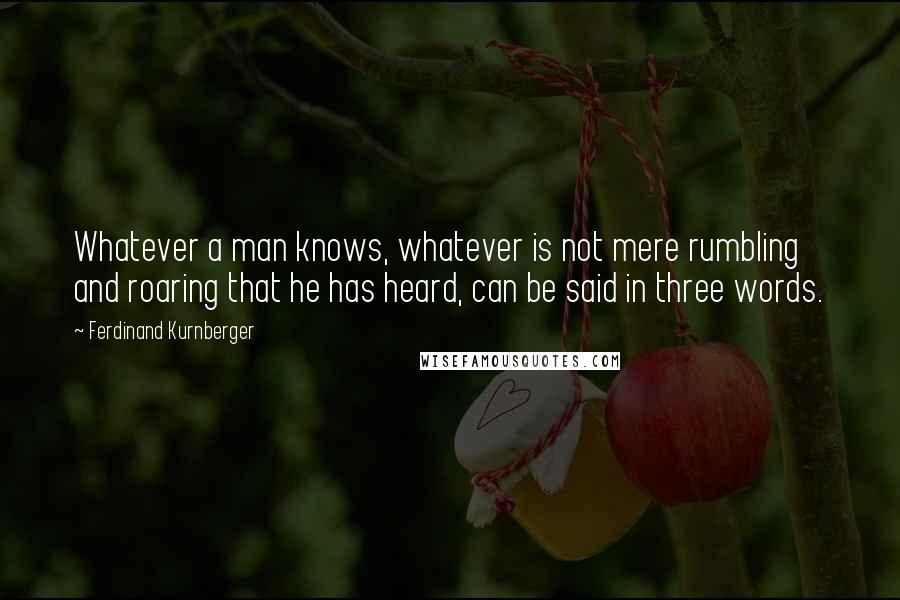 Ferdinand Kurnberger quotes: Whatever a man knows, whatever is not mere rumbling and roaring that he has heard, can be said in three words. Ferdinand Kurnberger quotes: Whatever a man knows, whatever is not mere rumbling and roaring that he has heard, can be said in three words.