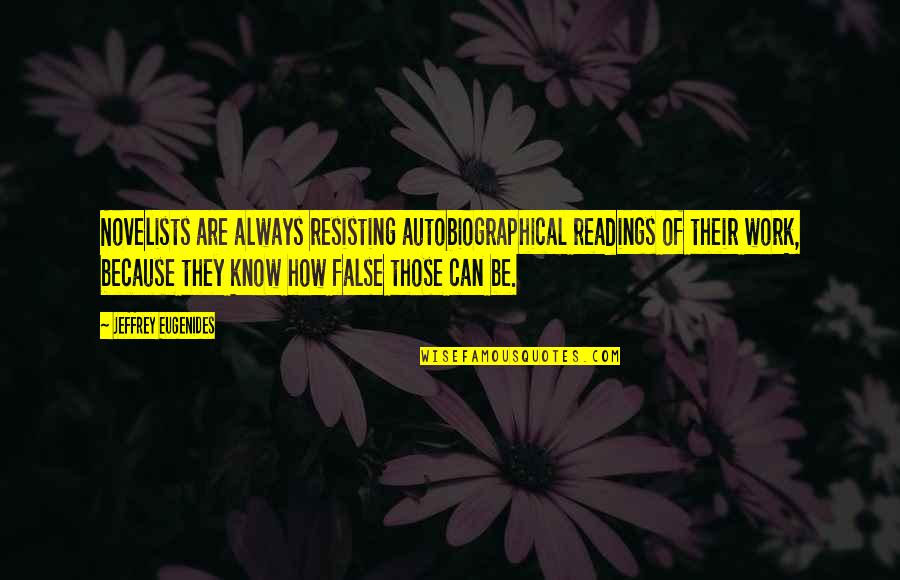 Filantropische Instelling Quotes By Jeffrey Eugenides: Novelists are always resisting autobiographical readings of their