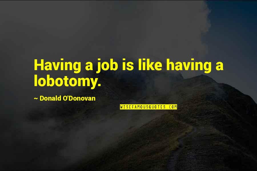 Final Exam Encouragement Quotes By Donald O'Donovan: Having a job is like having a lobotomy.