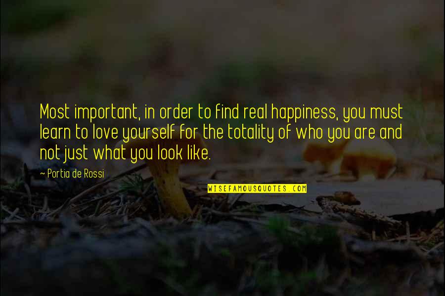 Find Happiness Within Yourself Quotes By Portia De Rossi: Most important, in order to find real happiness,