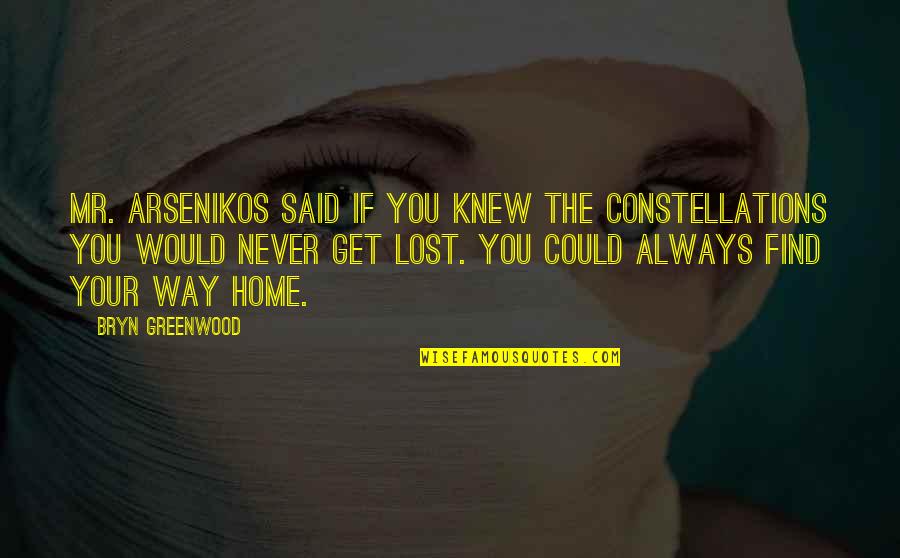 Find Home Quotes By Bryn Greenwood: Mr. Arsenikos said if you knew the constellations
