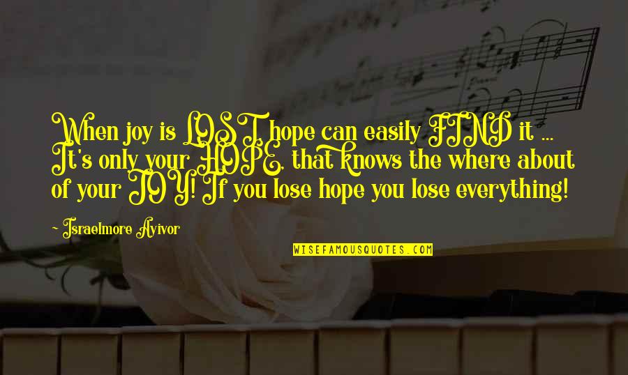 Find The Joy Quotes By Israelmore Ayivor: When joy is LOST, hope can easily FIND