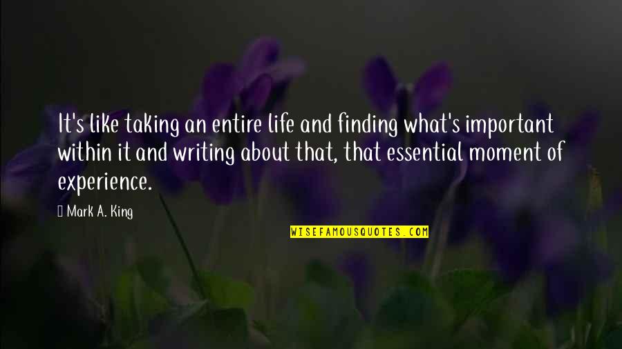 Finding What's Important In Life Quotes By Mark A. King: It's like taking an entire life and finding