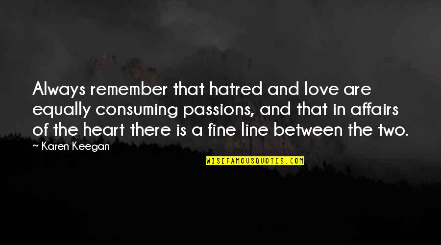 Fine Line Love Quotes By Karen Keegan: Always remember that hatred and love are equally