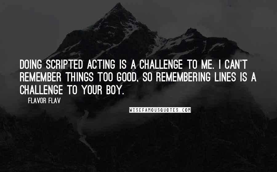 Flavor Flav quotes: Doing scripted acting is a challenge to me. I can't remember things too good, so remembering lines is a challenge to your boy. Flavor Flav quotes: Doing scripted acting is a challenge to me. I can't remember things too good, so remembering lines is a challenge to your boy.