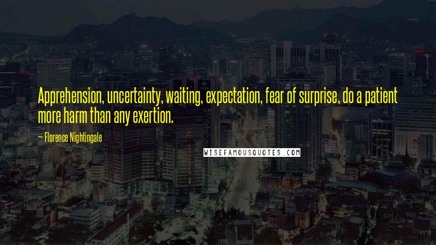 Florence Nightingale quotes: Apprehension, uncertainty, waiting, expectation, fear of surprise, do a patient more harm than any exertion. Florence Nightingale quotes: Apprehension, uncertainty, waiting, expectation, fear of surprise, do a patient more harm than any exertion.