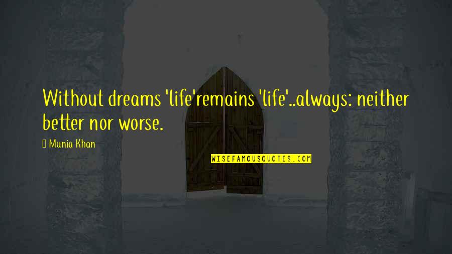 Footprints On Heart Quotes By Munia Khan: Without dreams 'life'remains 'life'..always: neither better nor worse.