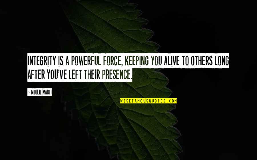 Force For Success Quotes By Mollie Marti: Integrity is a powerful force, keeping you alive