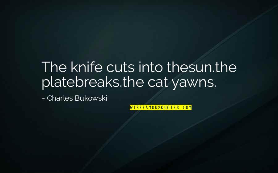 Form The Corn Quotes By Charles Bukowski: The knife cuts into thesun.the platebreaks.the cat yawns.