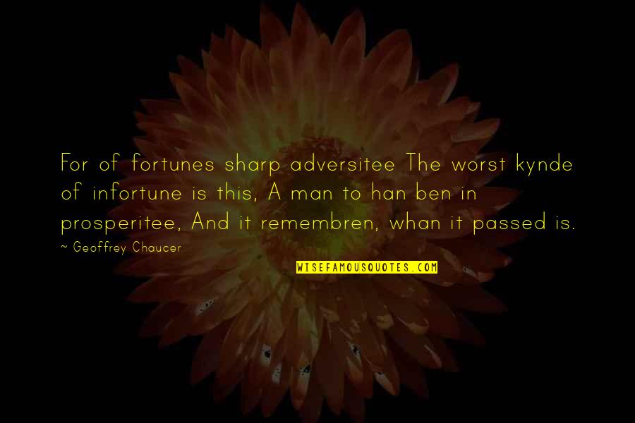 Fortunes Quotes By Geoffrey Chaucer: For of fortunes sharp adversitee The worst kynde Fortunes Quotes By Geoffrey Chaucer: For of fortunes sharp adversitee The worst kynde