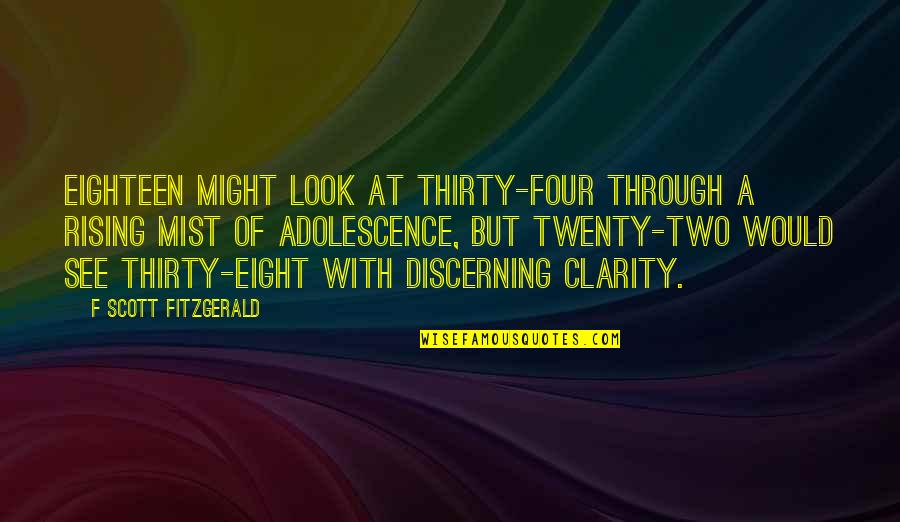 Four Twenty Quotes By F Scott Fitzgerald: Eighteen might look at thirty-four through a rising