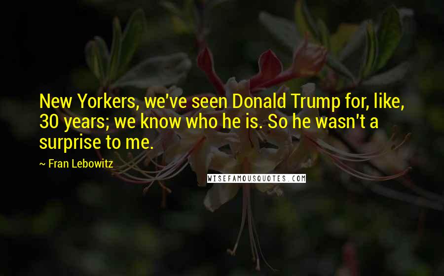 Fran Lebowitz quotes: New Yorkers, we've seen Donald Trump for, like, 30 years; we know who he is. So he wasn't a surprise to me.
