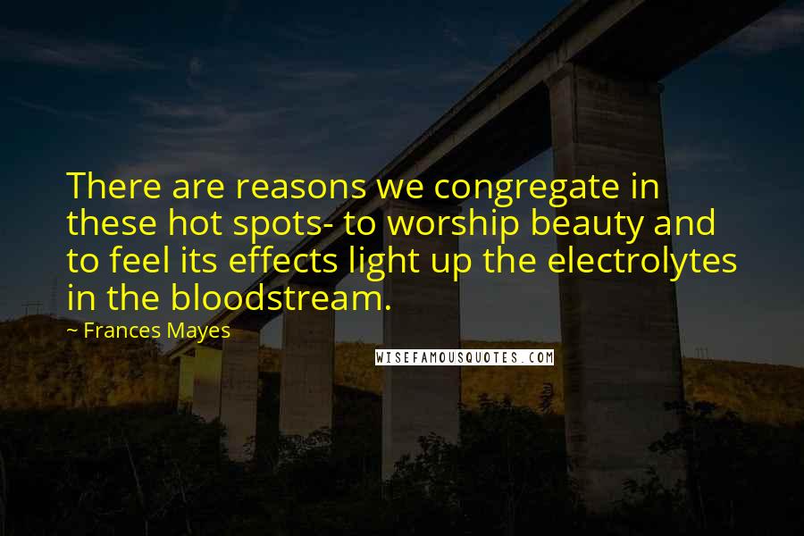 Frances Mayes quotes: There are reasons we congregate in these hot spots- to worship beauty and to feel its effects light up the electrolytes in the bloodstream.