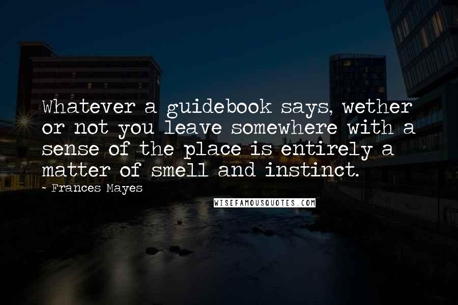 Frances Mayes quotes: Whatever a guidebook says, wether or not you leave somewhere with a sense of the place is entirely a matter of smell and instinct.