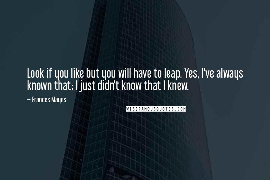 Frances Mayes quotes: Look if you like but you will have to leap. Yes, I've always known that; I just didn't know that I knew.