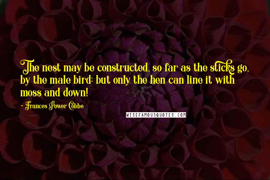 Frances Power Cobbe quotes: The nest may be constructed, so far as the sticks go, by the male bird; but only the hen can line it with moss and down! Frances Power Cobbe quotes: The nest may be constructed, so far as the sticks go, by the male bird; but only the hen can line it with moss and down!