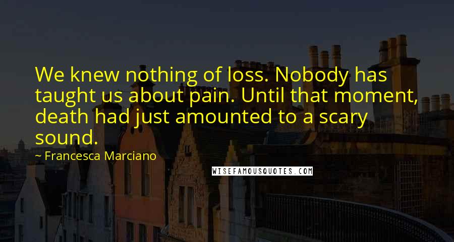Francesca Marciano quotes: We knew nothing of loss. Nobody has taught us about pain. Until that moment, death had just amounted to a scary sound. Francesca Marciano quotes: We knew nothing of loss. Nobody has taught us about pain. Until that moment, death had just amounted to a scary sound.