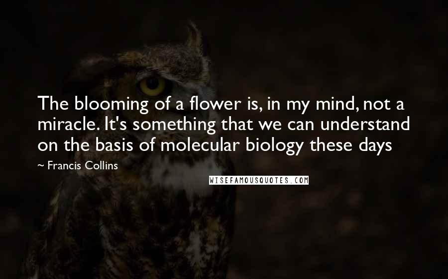 Francis Collins quotes: The blooming of a flower is, in my mind, not a miracle. It's something that we can understand on the basis of molecular biology these days