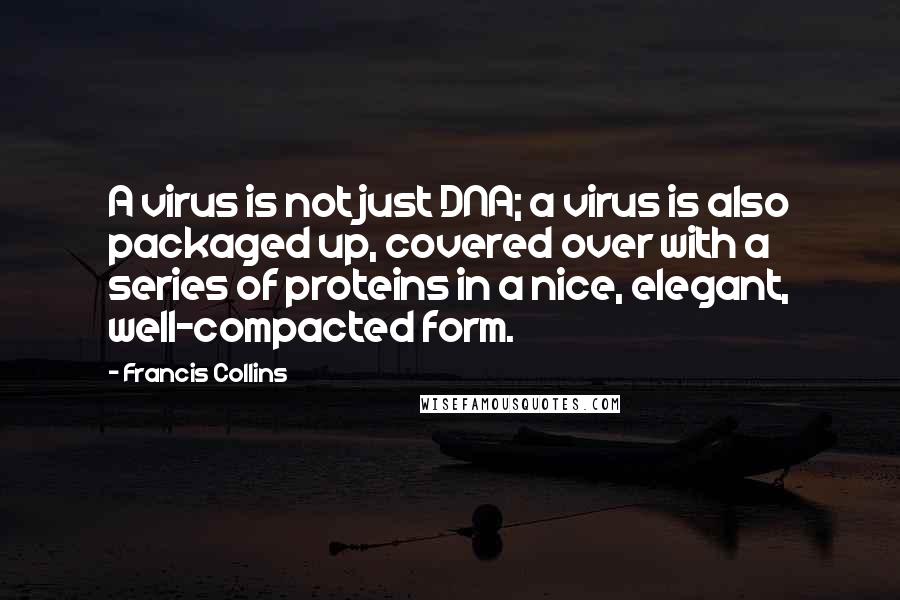 Francis Collins quotes: A virus is not just DNA; a virus is also packaged up, covered over with a series of proteins in a nice, elegant, well-compacted form. Francis Collins quotes: A virus is not just DNA; a virus is also packaged up, covered over with a series of proteins in a nice, elegant, well-compacted form.