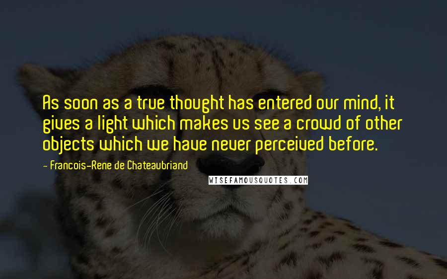 Francois-Rene De Chateaubriand quotes: As soon as a true thought has entered our mind, it gives a light which makes us see a crowd of other objects which we have never perceived before.