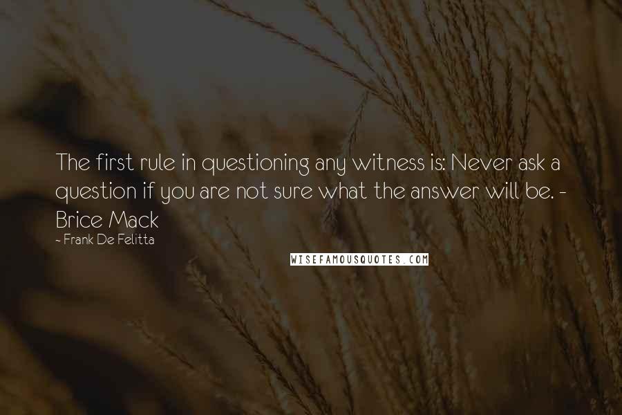 Frank De Felitta quotes: The first rule in questioning any witness is: Never ask a question if you are not sure what the answer will be. - Brice Mack Frank De Felitta quotes: The first rule in questioning any witness is: Never ask a question if you are not sure what the answer will be. - Brice Mack