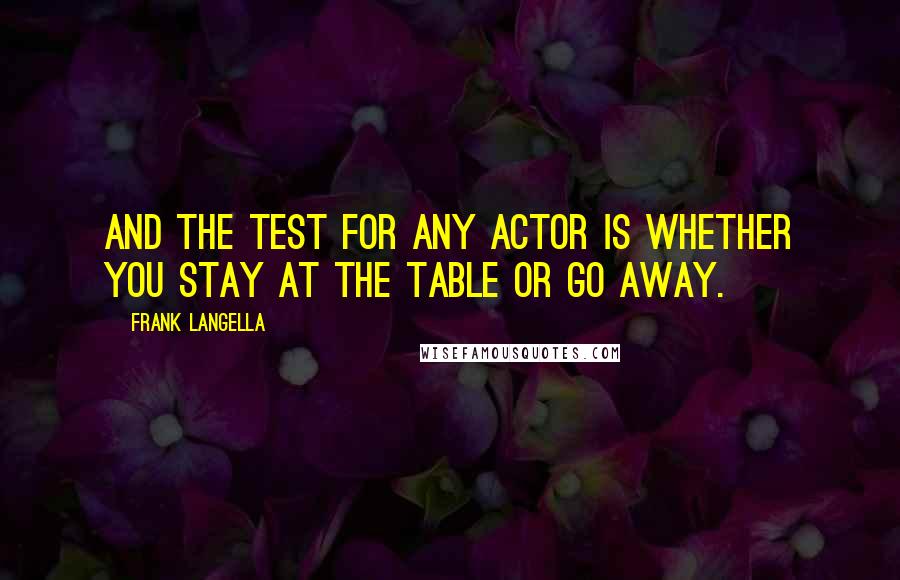 Frank Langella quotes: And the test for any actor is whether you stay at the table or go away.