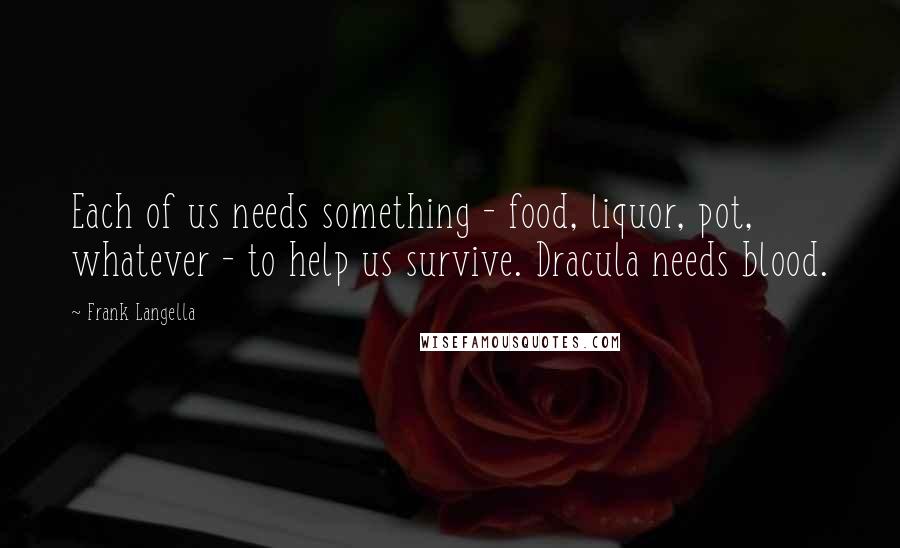 Frank Langella quotes: Each of us needs something - food, liquor, pot, whatever - to help us survive. Dracula needs blood.