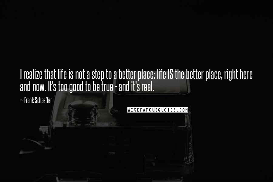 Frank Schaeffer quotes: I realize that life is not a step to a better place: life IS the better place, right here and now. It's too good to be true - and it's