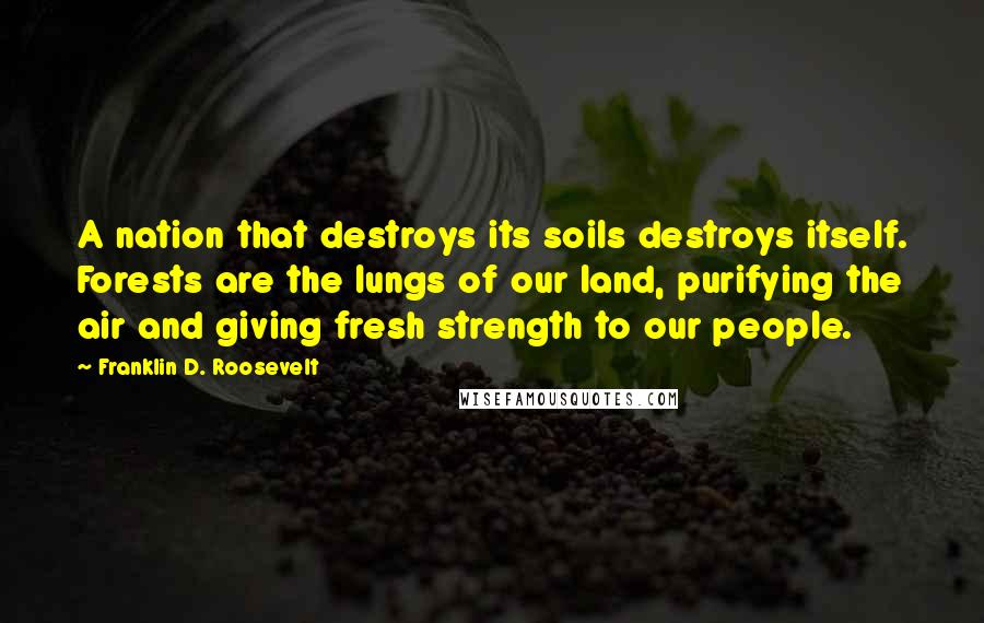 Franklin D. Roosevelt quotes: A nation that destroys its soils destroys itself. Forests are the lungs of our land, purifying the air and giving fresh strength to our people.