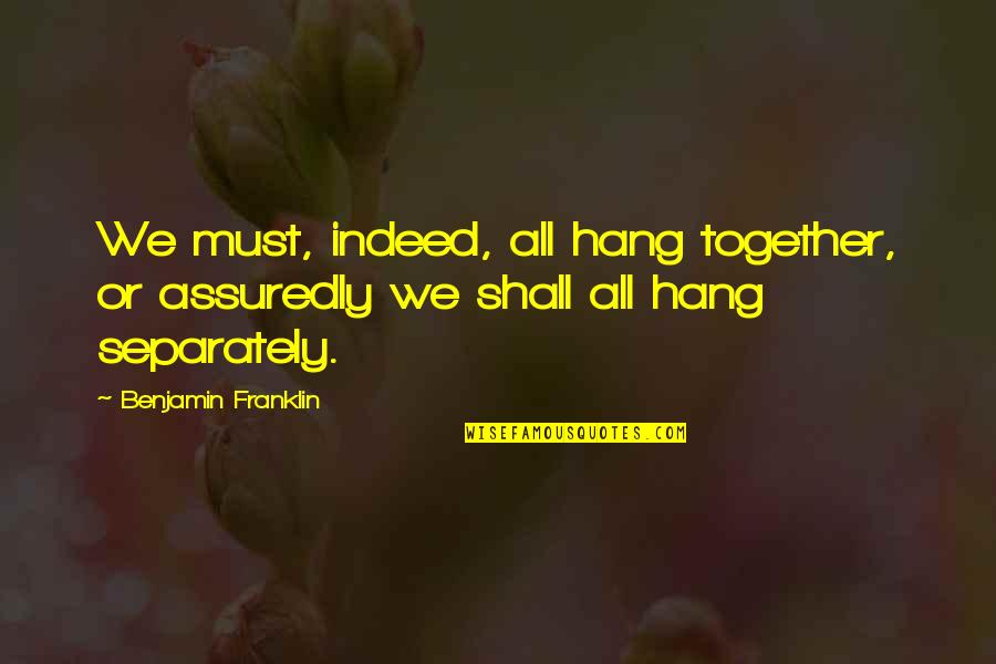 Franklin Hang Together Quotes By Benjamin Franklin: We must, indeed, all hang together, or assuredly
