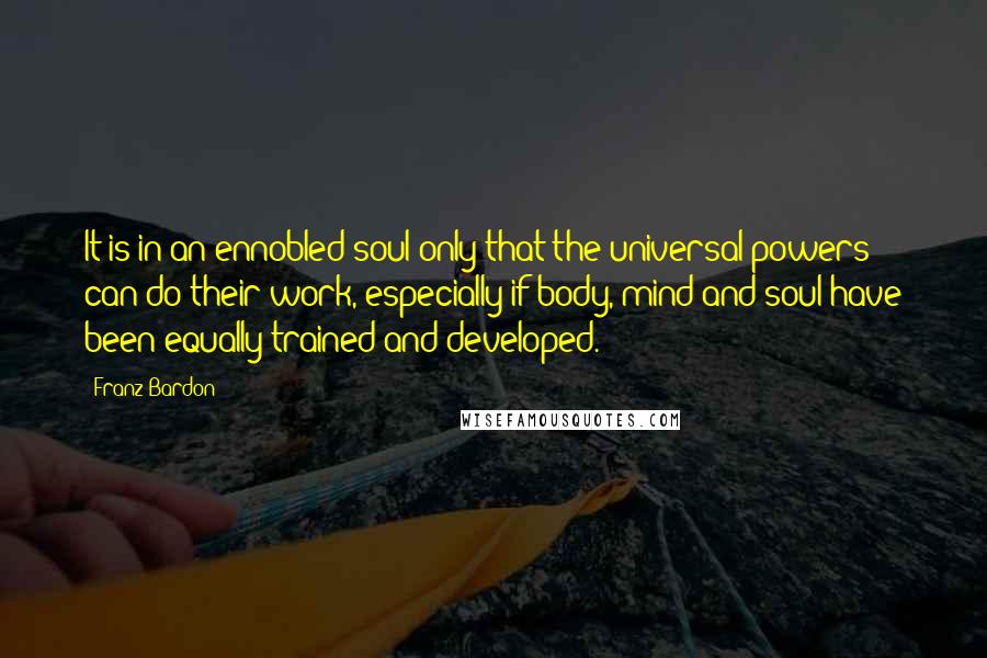 Franz Bardon quotes: It is in an ennobled soul only that the universal powers can do their work, especially if body, mind and soul have been equally trained and developed.