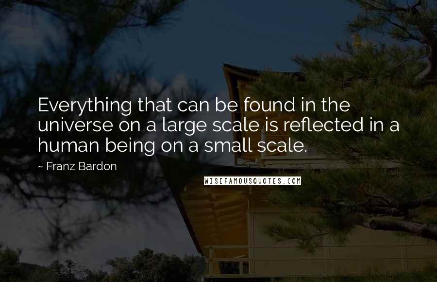 Franz Bardon quotes: Everything that can be found in the universe on a large scale is reflected in a human being on a small scale.