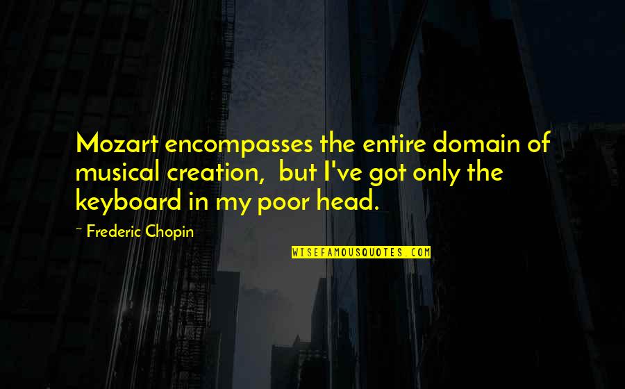 Frederic's Quotes By Frederic Chopin: Mozart encompasses the entire domain of musical creation, Frederic's Quotes By Frederic Chopin: Mozart encompasses the entire domain of musical creation,