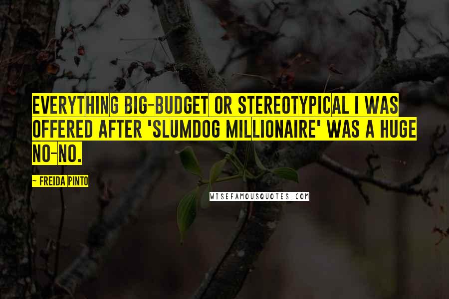Freida Pinto quotes: Everything big-budget or stereotypical I was offered after 'Slumdog Millionaire' was a huge no-no.