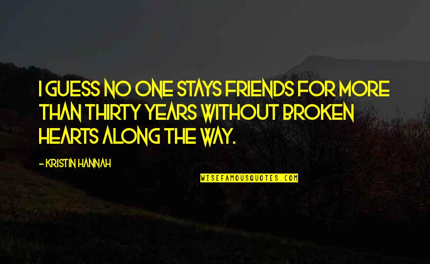 Friends And Broken Hearts Quotes By Kristin Hannah: I guess no one stays friends for more Friends And Broken Hearts Quotes By Kristin Hannah: I guess no one stays friends for more