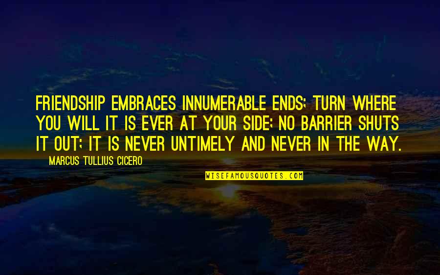 Friendship Barrier Quotes By Marcus Tullius Cicero: Friendship embraces innumerable ends; turn where you will