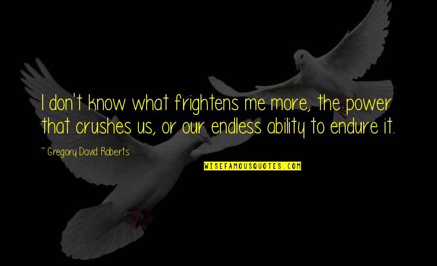 Frightens Quotes By Gregory David Roberts: I don't know what frightens me more, the