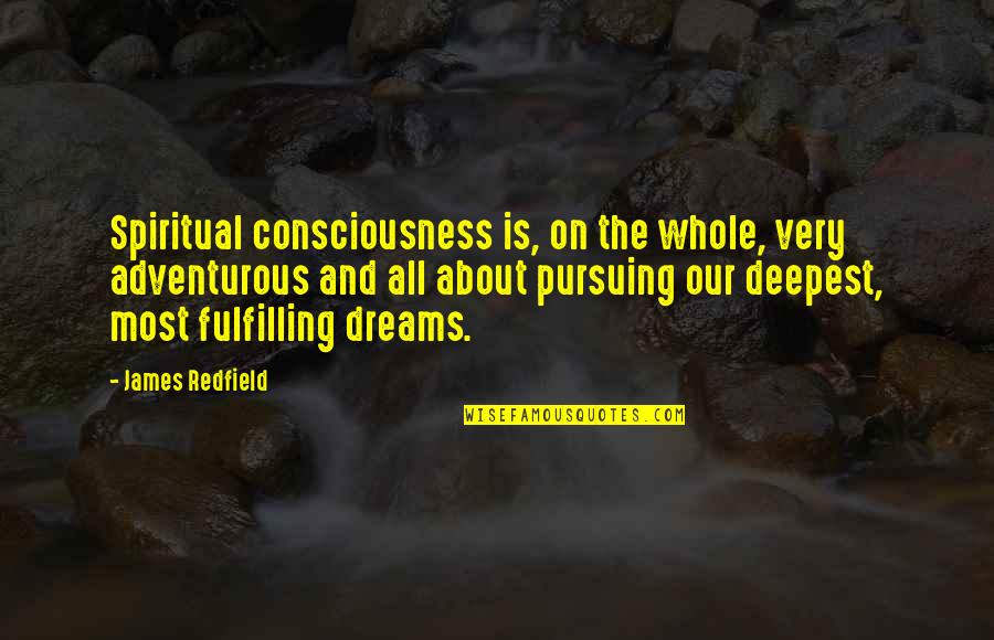 Fulfilling Our Dreams Quotes By James Redfield: Spiritual consciousness is, on the whole, very adventurous Fulfilling Our Dreams Quotes By James Redfield: Spiritual consciousness is, on the whole, very adventurous