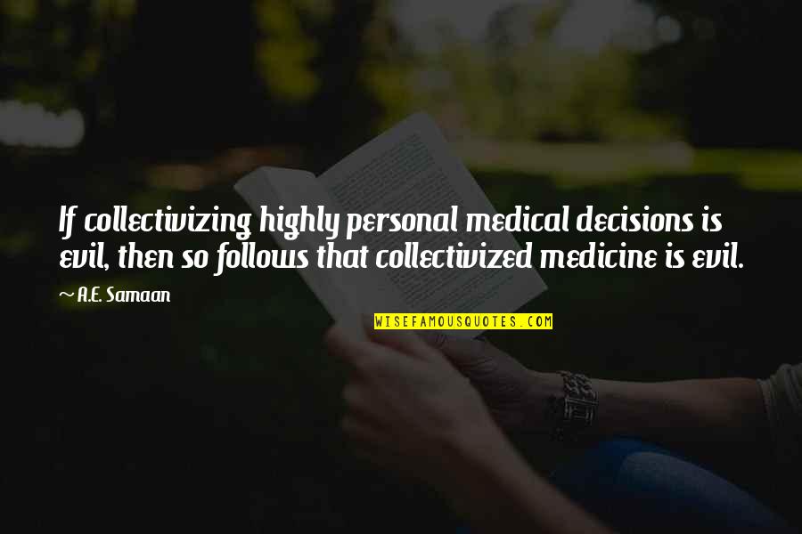 Funny Basement Quotes By A.E. Samaan: If collectivizing highly personal medical decisions is evil,