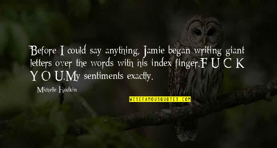 Funny Finger Quotes By Michelle Hodkin: Before I could say anything, Jamie began writing
