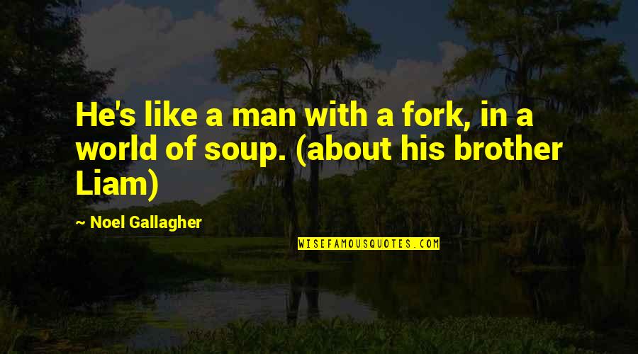 Funny He Man Quotes By Noel Gallagher: He's like a man with a fork, in