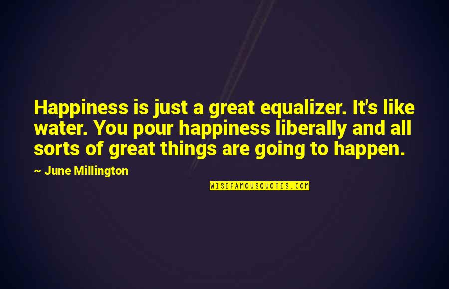 Funny Pic Quotes By June Millington: Happiness is just a great equalizer. It's like