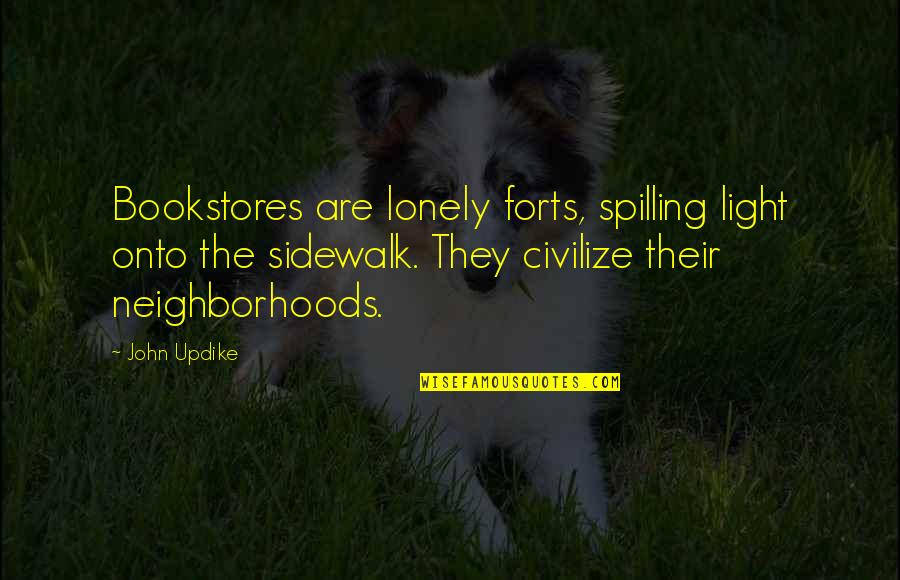 Funny Tomb Quotes By John Updike: Bookstores are lonely forts, spilling light onto the