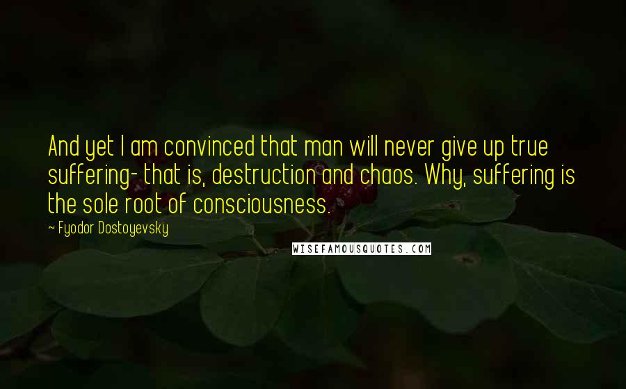 Fyodor Dostoyevsky quotes: And yet I am convinced that man will never give up true suffering- that is, destruction and chaos. Why, suffering is the sole root of consciousness. Fyodor Dostoyevsky quotes: And yet I am convinced that man will never give up true suffering- that is, destruction and chaos. Why, suffering is the sole root of consciousness.