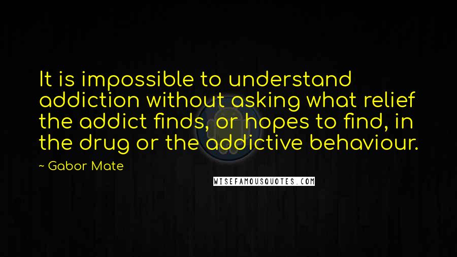 Gabor Mate quotes: It is impossible to understand addiction without asking what relief the addict finds, or hopes to find, in the drug or the addictive behaviour.