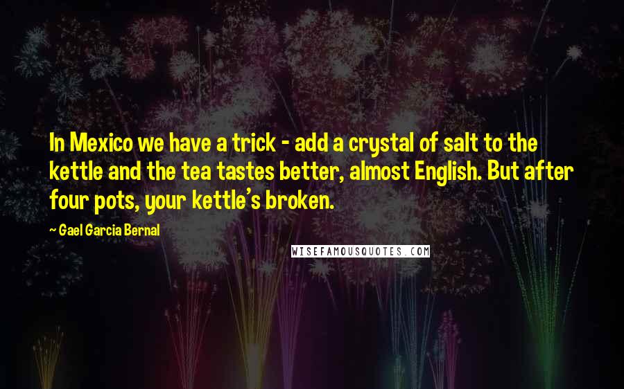 Gael Garcia Bernal quotes: In Mexico we have a trick - add a crystal of salt to the kettle and the tea tastes better, almost English. But after four pots, your kettle's broken.