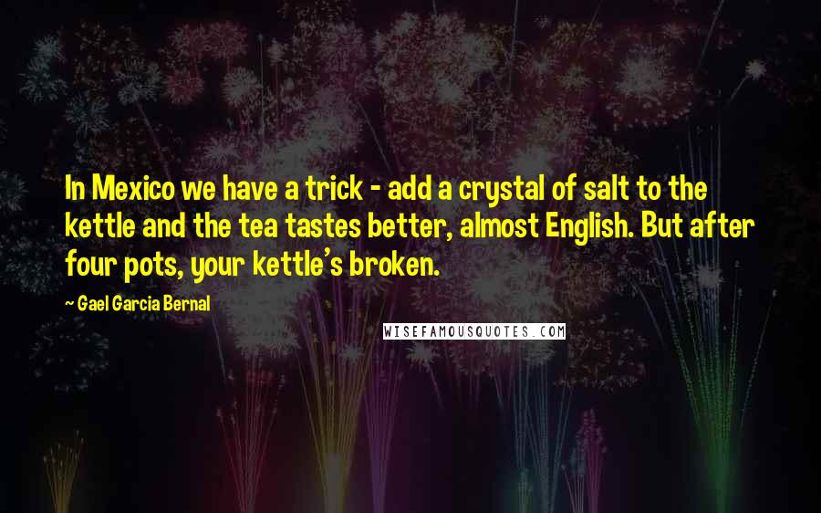 Gael Garcia Bernal quotes: In Mexico we have a trick - add a crystal of salt to the kettle and the tea tastes better, almost English. But after four pots, your kettle's broken. Gael Garcia Bernal quotes: In Mexico we have a trick - add a crystal of salt to the kettle and the tea tastes better, almost English. But after four pots, your kettle's broken.